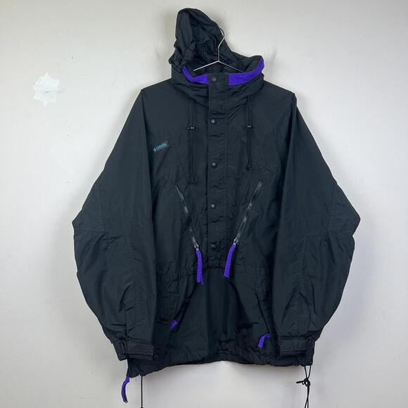 90s Columbia Black Anorak Jacket with Purple Accents Vintage - Picture 1 of 7